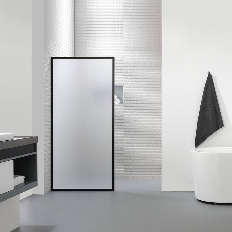 FELYL 34" W x 72" H Framed Fixed Frosted Glass Panel with Heat Soaking Process and Protective Coating Clear Glass