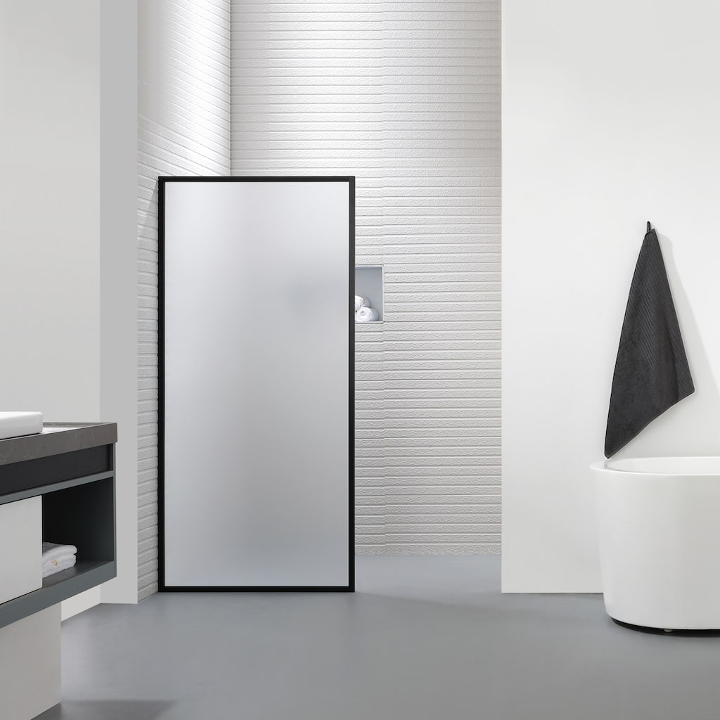 FELYL 34" W x 72" H Framed Fixed Frosted Glass Panel with Heat Soaking Process and Protective Coating Clear Glass