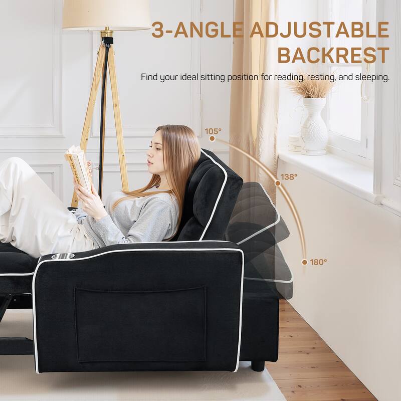 37 in. W 3-in-1 Convertible Chair Bed Suede Pull Out Twin Size Sofa Bed with USB Ports, Cup & Phone Holder