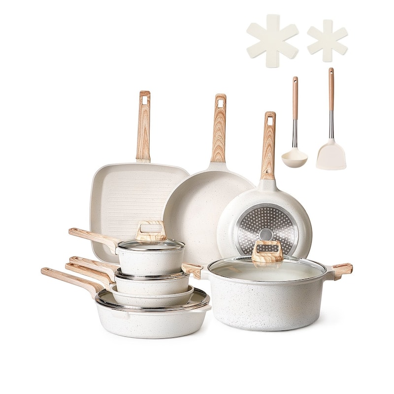 Aluminum Cookware Set with Non-Stick Pans and Lids - 8 - White