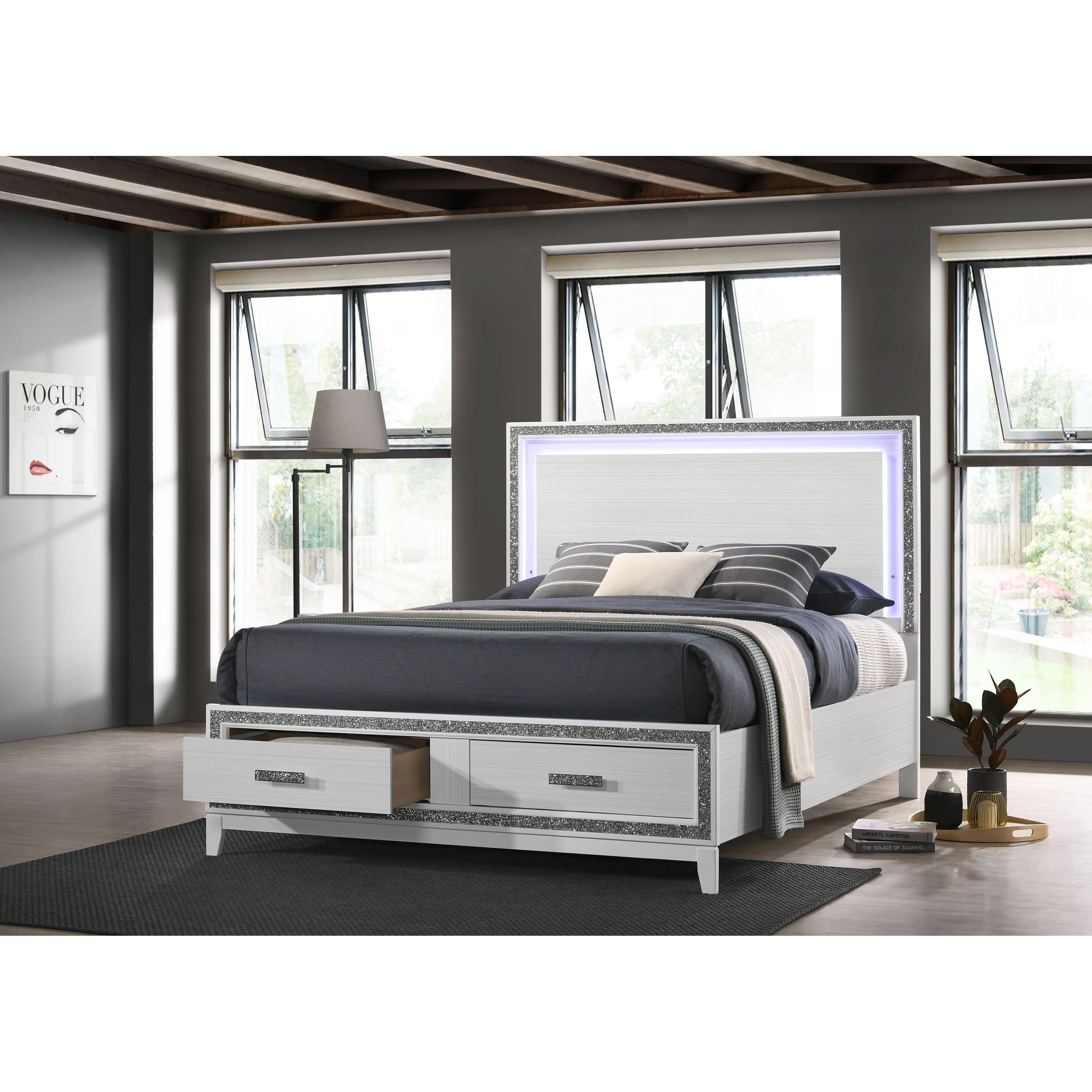 White Particle Board Queen Bed with Storage, Haiden Collection, LED