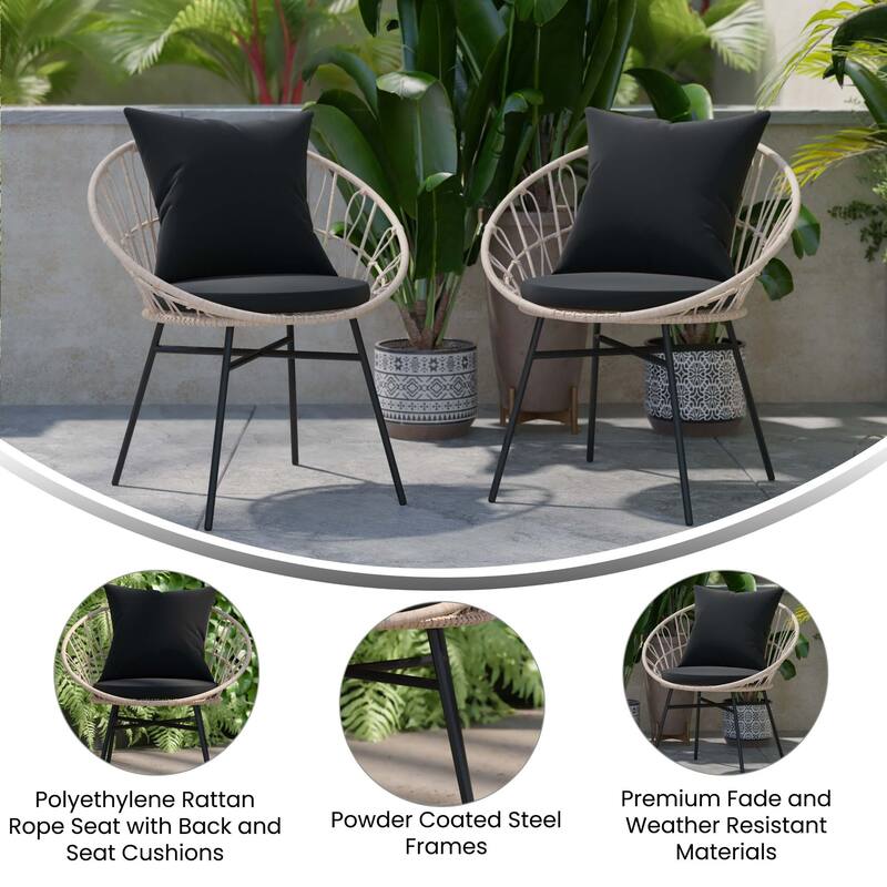 Indoor/Outdoor Boho Rattan Rope Chairs with Back & Seat Cushions
