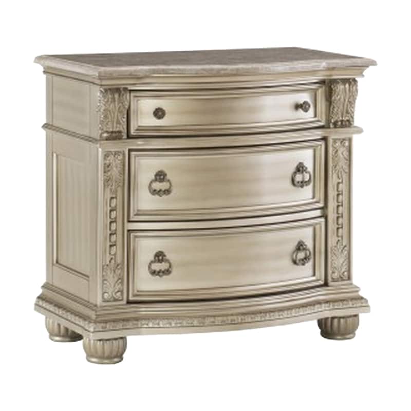 Caitlin Four Pc Queen Bedroom Set, Tufted Faux Leather Headboard, Marble Tops, Silver