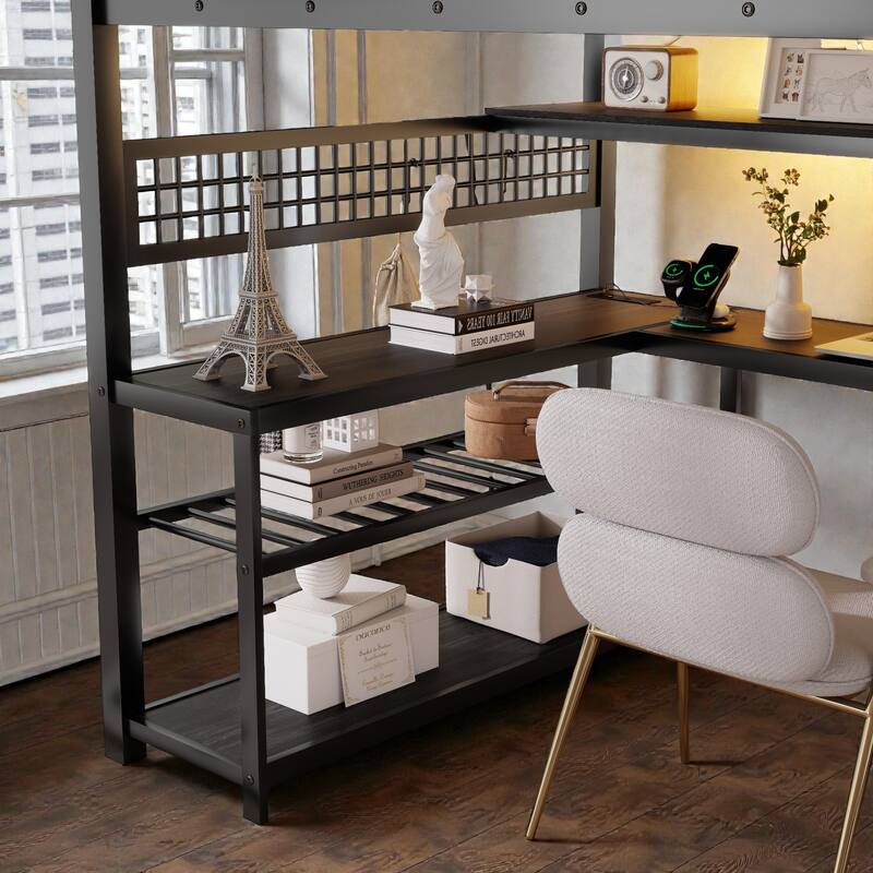 Full Size Metal Loft Bed with Staircase Storage, Wardrobe, L-Shaped Desk, Shelves, LED Lights and USB Charging Station