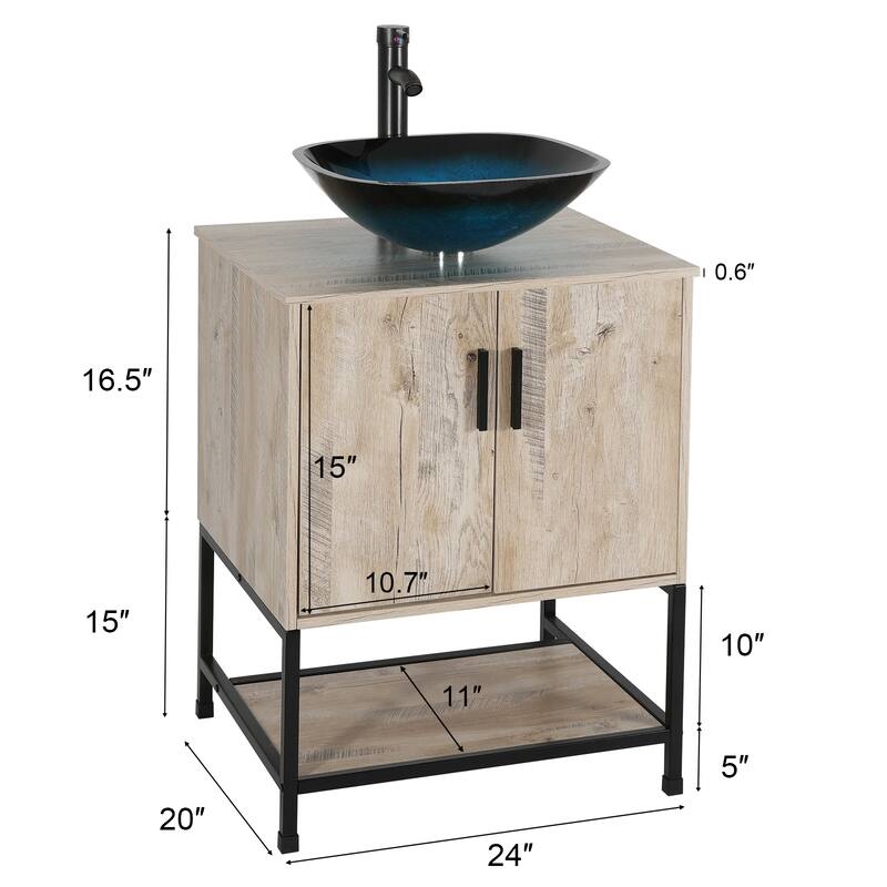 24" Bathroom Vanity Sink Combo Oak Cabinet Vanity Tempered Glass/Ceramic Sink