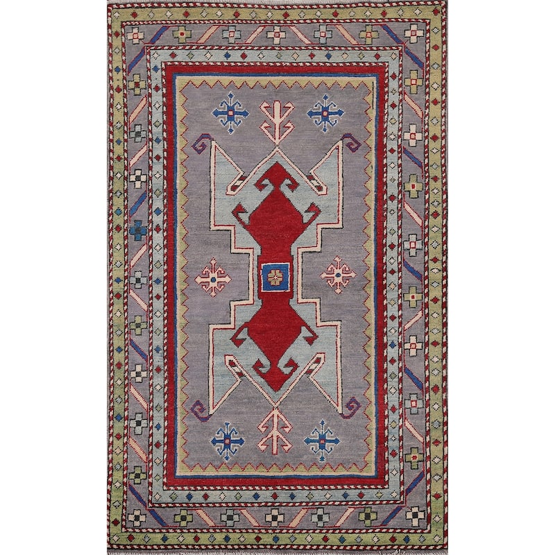 Gray Geometric Kazak Foyer Rug Handmade Oriental Wool Carpet - 3'4" x 5'5"