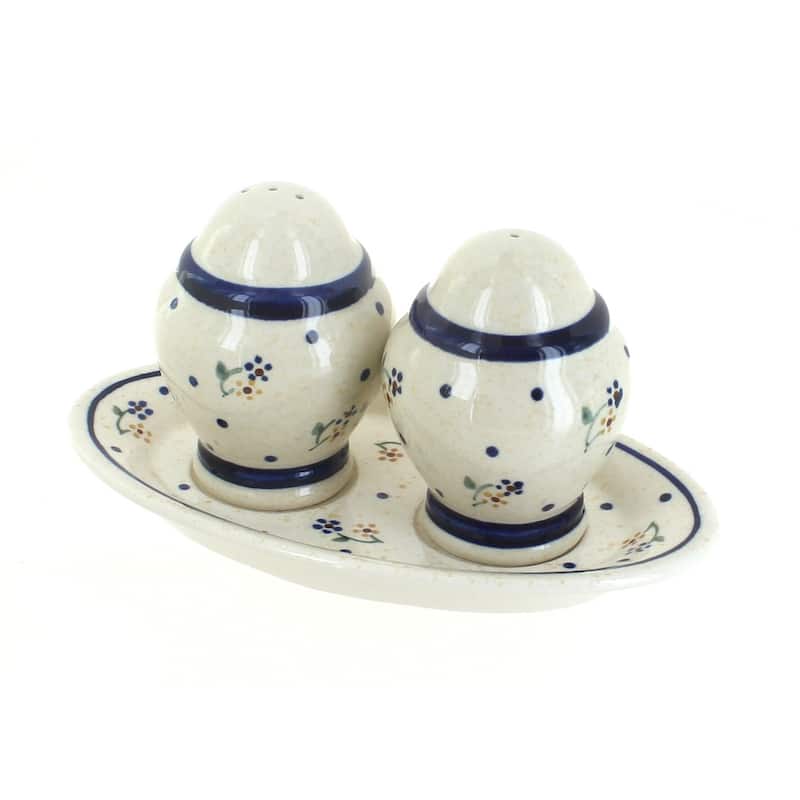 Blue Rose Polish Pottery 1282 Zaklady Salt & Pepper Shakers with Plate - Country Meadow
