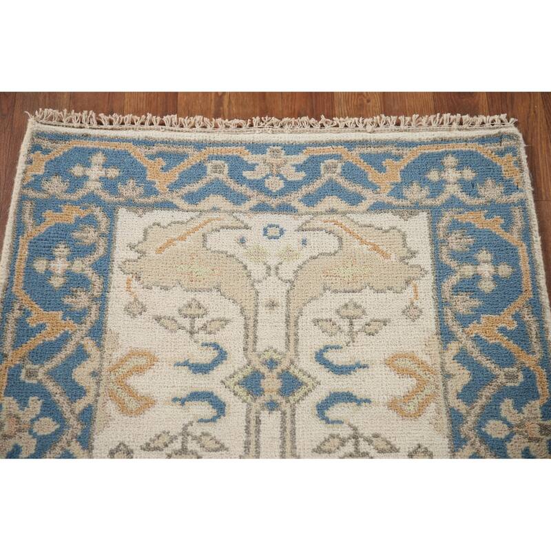 Floral Beige Oushak Style Runner Rug Hand-knotted Wool Carpet - 2'6"x 9'9"