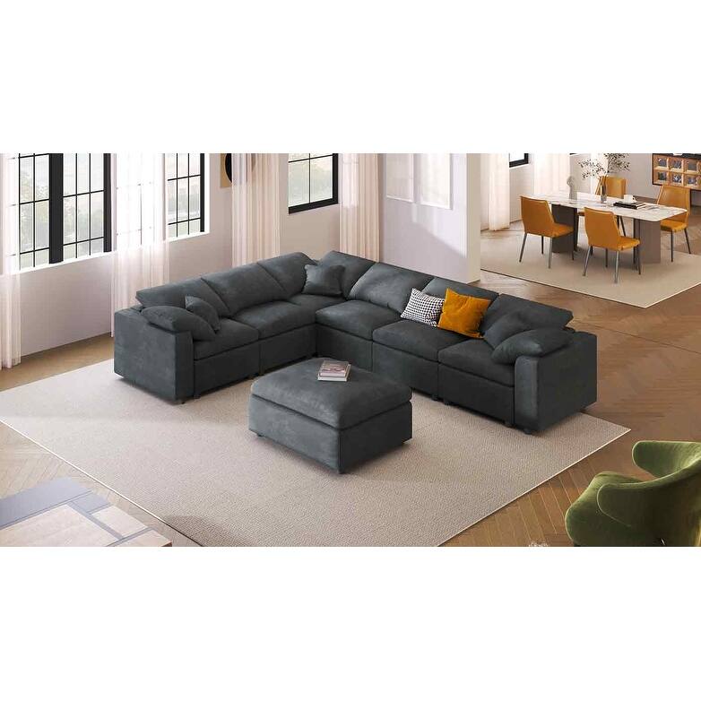 7-Seater Modular Sectional Sofa with Movable Ottoman, Extra Large L-Shaped Chenille Fabric Sofa for Spacious Living Room