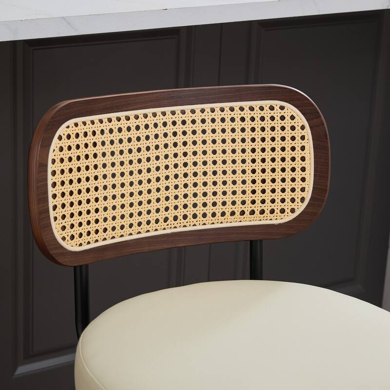 Set of 2 Counter Height Bar Stools, Swivel Counter Stools with Walnut Frame, Rattan Weave Back and PU Leather Padded Seat