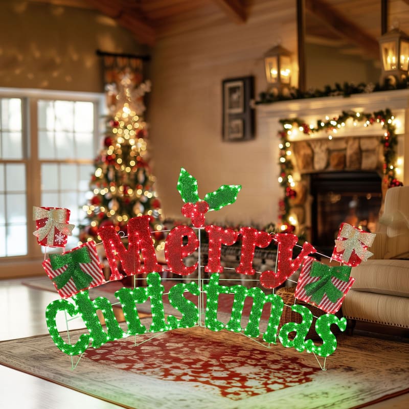 VEIKOUS 6FT Merry Christmas Sign with LED Lights, 2-in-1 Hanging or Freestanding Outdoor/Indoor LED Wall Sign Decor