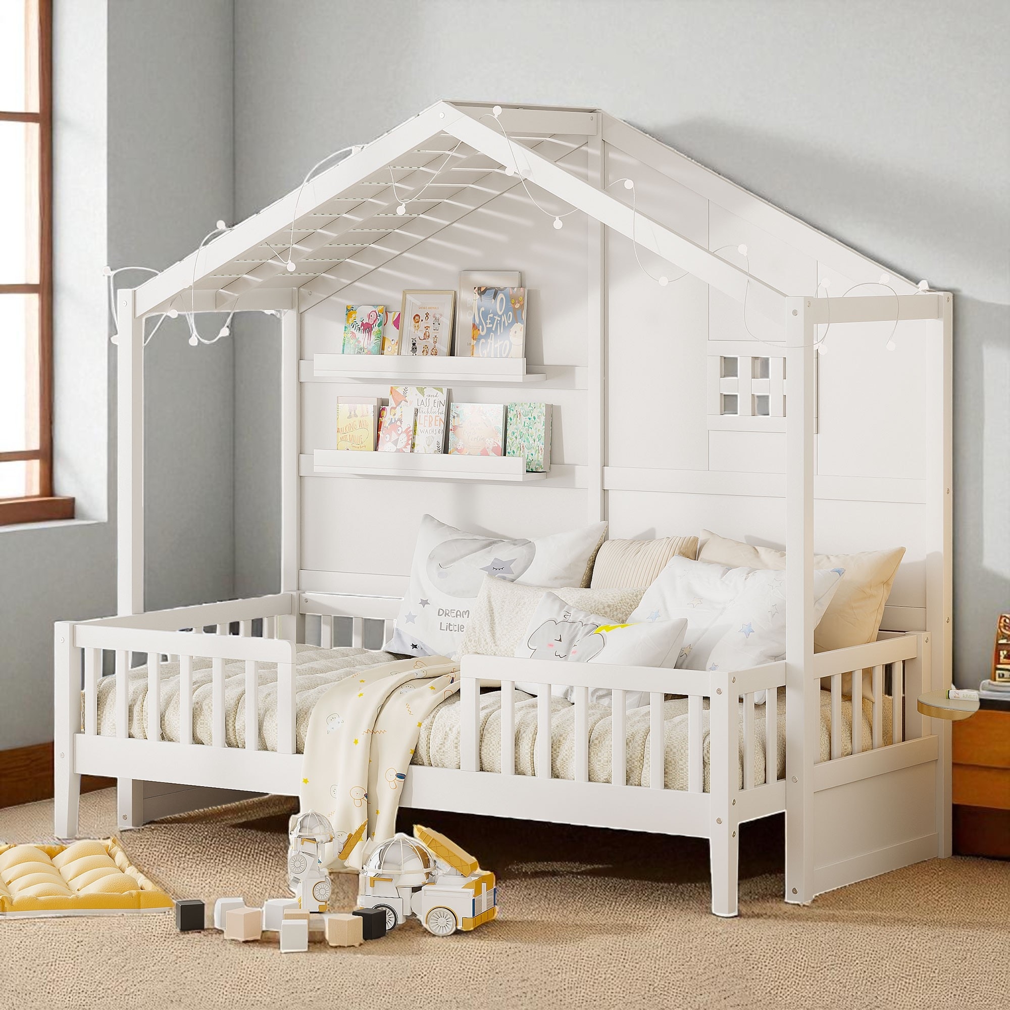 Twin Size House Platform Bed with Roof Light Strip, Windows and Shelves, Wooden Frame, No Box Spring