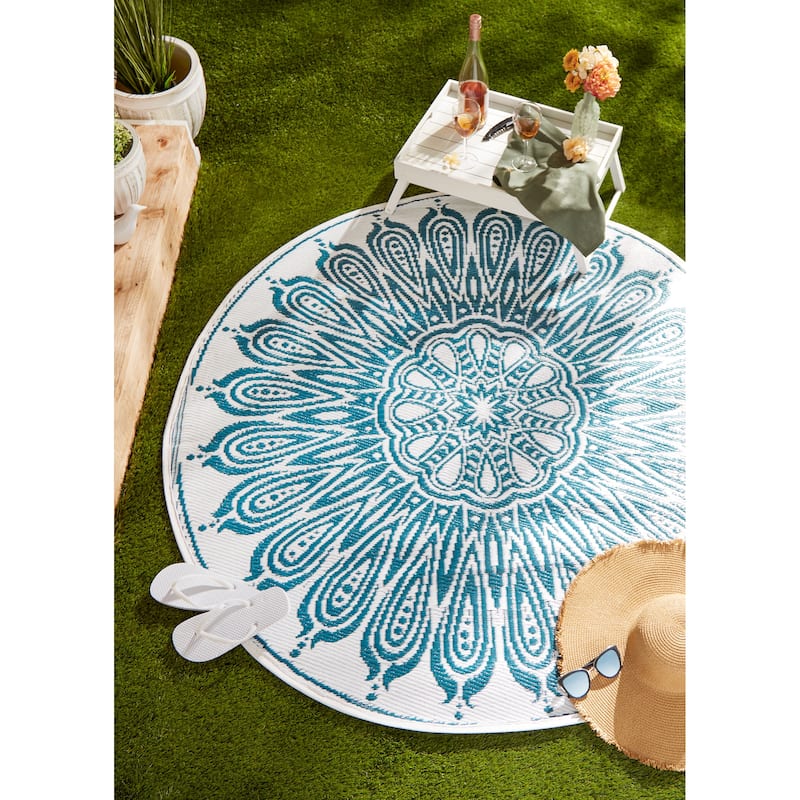 DII Blue Sunflower Outdoor Rug 5 Ft Round