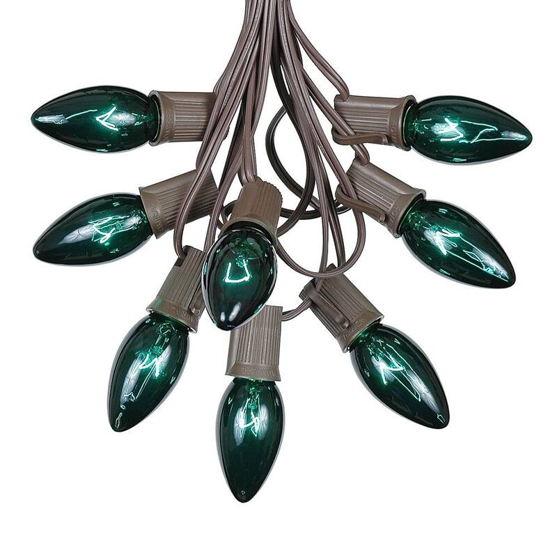 25 Foot C9 Twinkle Christmas Light Set, Hanging String Lights, Brown Wire - Green