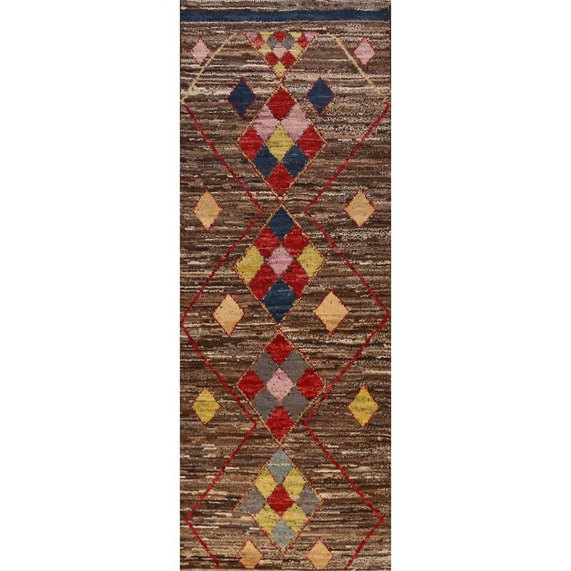 Brown Geometric Moroccan Oriental Runner Rug Handmade Wool Carpet - 2'11" x 9'8"