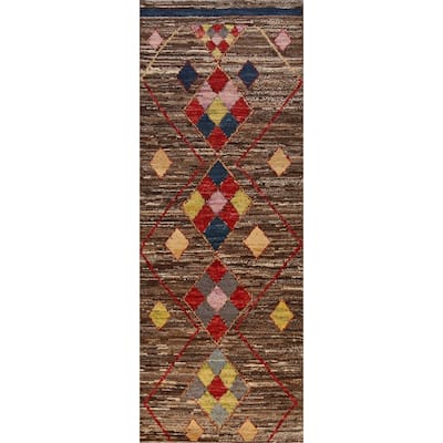 Brown Geometric Moroccan Oriental Runner Rug Handmade Wool Carpet - 2'11" x 9'8"