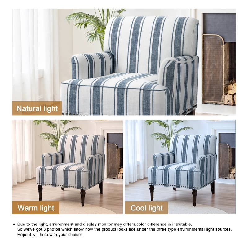 Stripe Linen Accent Arm Chair with Nailhead Trim and Wood Legs