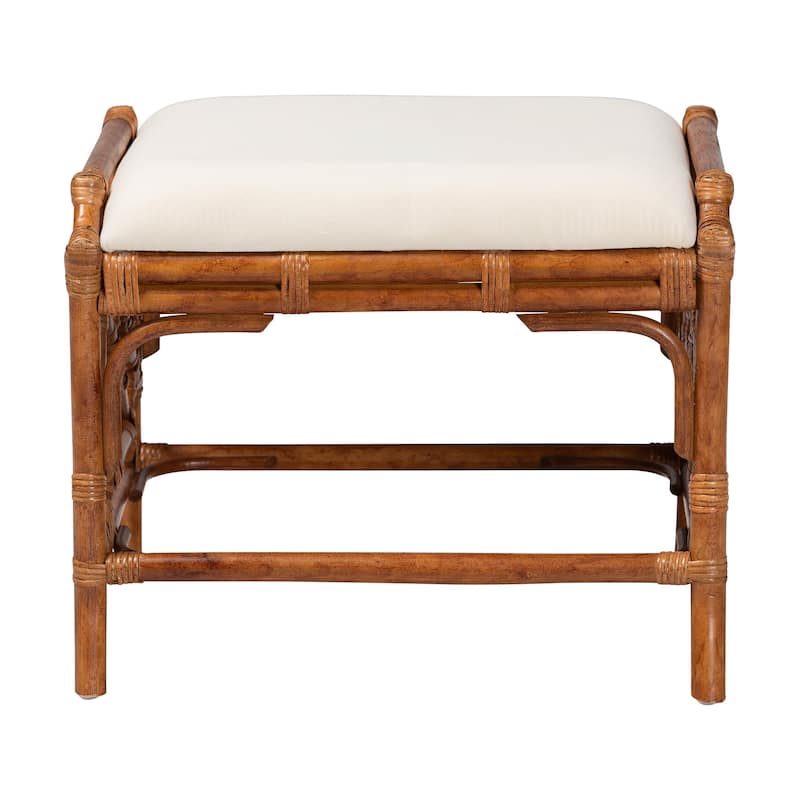 Morley Marbled Tortoise Natural Rattan Ottoman - Handcrafted Accent Footstool with Decorative Frame, Coastal Tropical Style