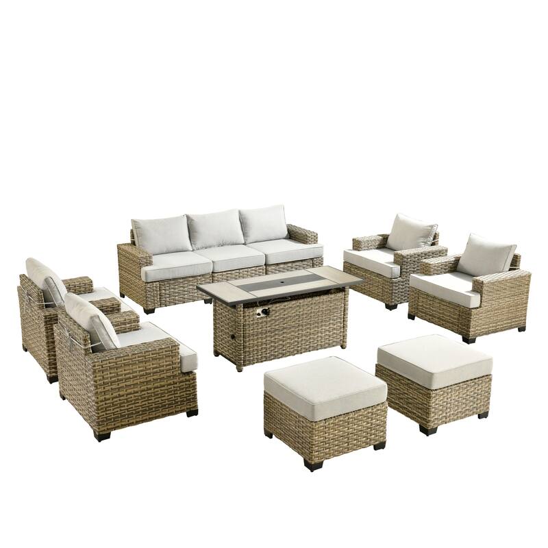 HOOOWOOO 10-piece Outdoor Wicker Wide Arm Patio Furniture Set with Fire Pit