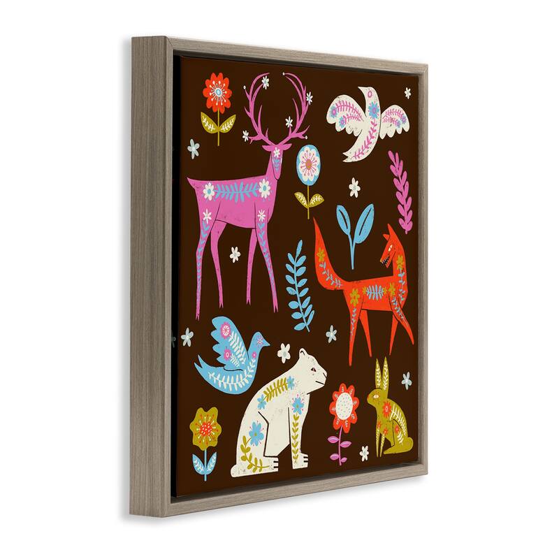 Stupell Forest Folk Animals with Florals Framed Floater Canvas Wall Art Design By Hannah Moren
