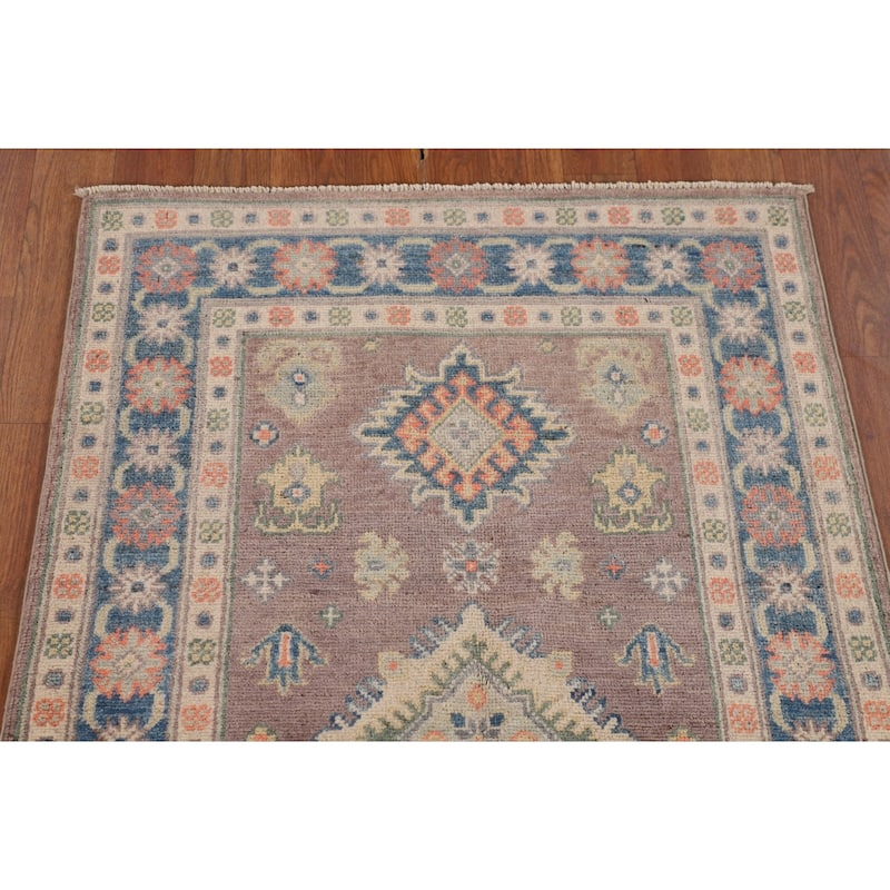 Kazak Foyer Rug Hand-Knotted Geometric Brown Wool Carpet - 2'7" x 3'11"