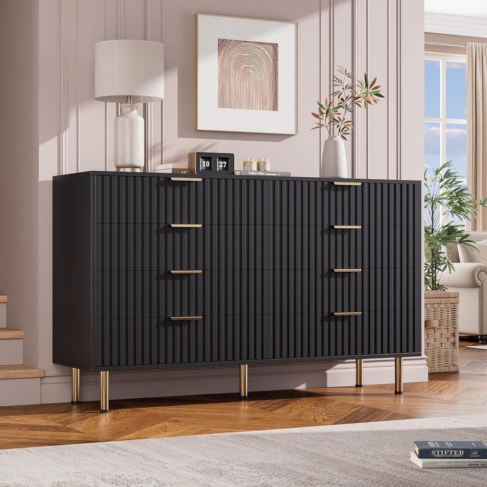 Fluted 8 Drawer Double Dresser for Bedroom, Living Room, Hallway