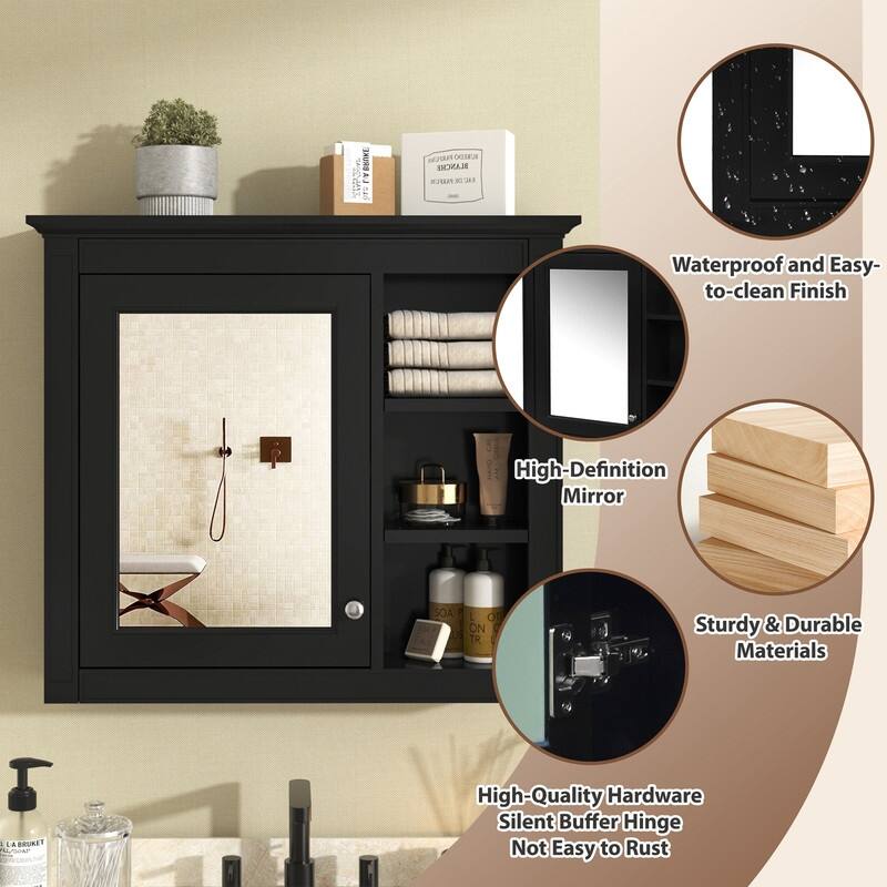 30" x 28" Wall-Mounted Medicine Cabinet, Modern Bathroom Mirror Storage Cabinet with 3 Open Shelves