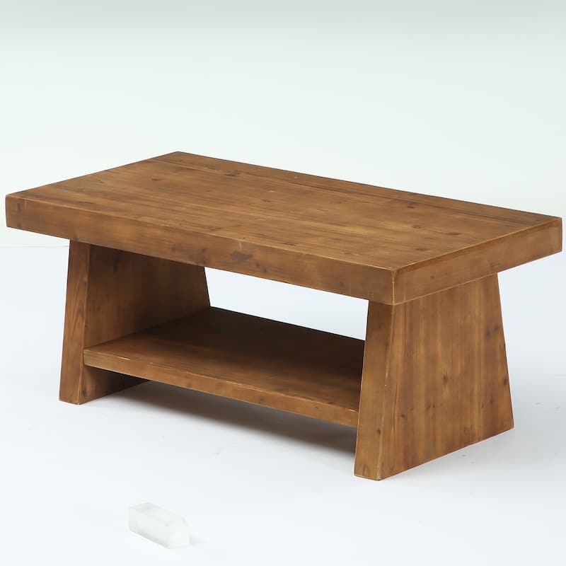 2-Tier Solid Wood Coffee Table for Living Room, Farmhouse Style - Brown