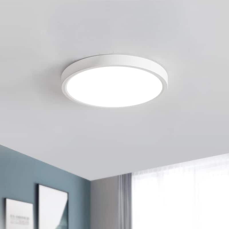 24 Watts Round Tricolor Selectable LED Flush Mount Ceiling Light for Dining Room Living Room Bedroom Kitchen - 9.06"Dx0.91H" - White