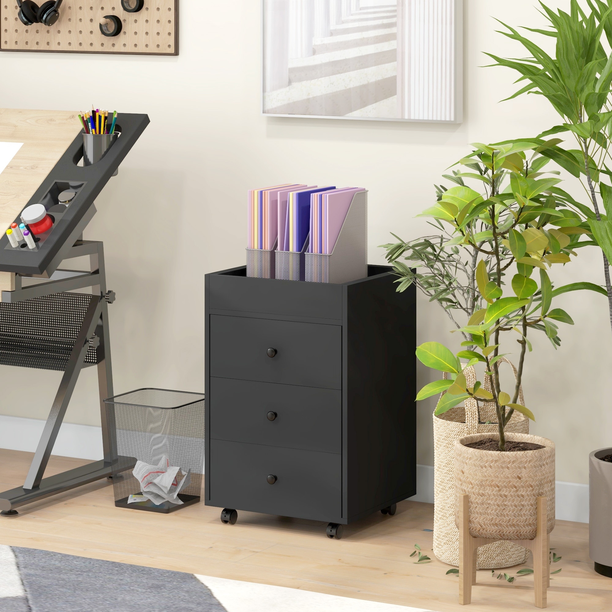 Home Office Storage Cabinet With 3 Drawer, Under Desk Printer Stand