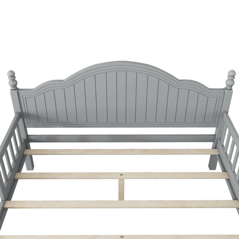 Roomfitters Twin/Full Platform Bed, Slatted Headboard and Removable Guardrails with Wooden Frame for Bedrooms or Guest Rooms