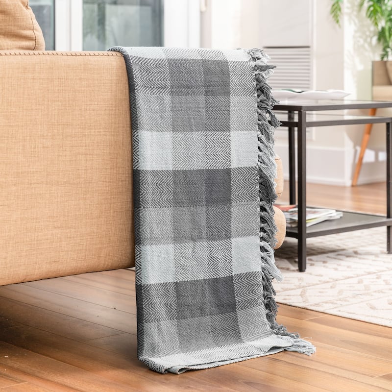 Fabstyles Herringbone Checkered Cotton Throw Blanket with Fringes