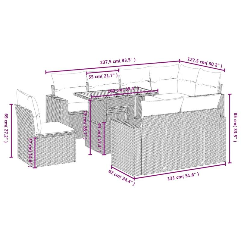 vidaXL Patio Sofa Set with Cushions Outdoor Furniture 9 Piece Poly Rattan - 24.4 x 24.4 x 27.2