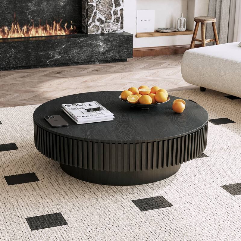 39.4" Round Coffee Table with Storage, Solid Wood Veneer Modern Accent Tea Table