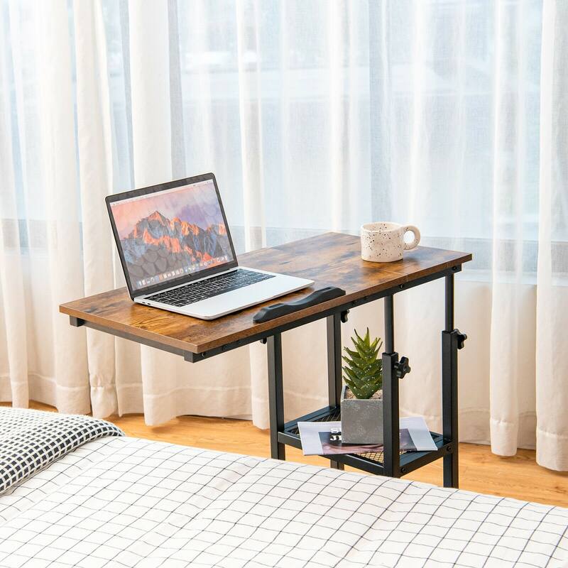 Height Adjustable C-Shaped End Table with Lockable Wheels and Tiltable Table Top - 31.5" x 16" x 25"-37.5"