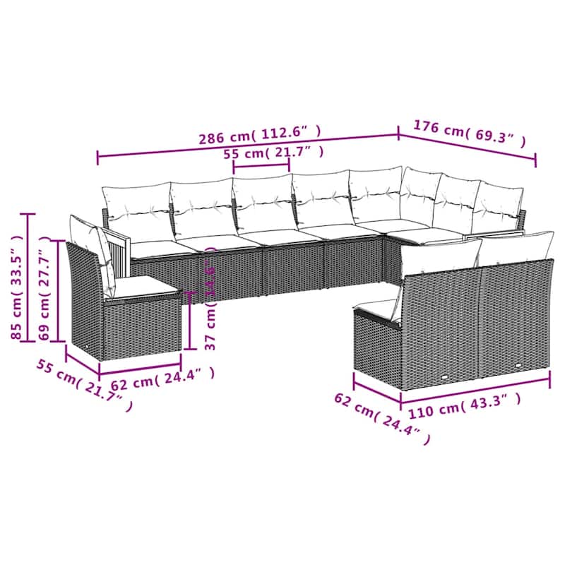 vidaXL 10 Piece Patio Sofa Set with Cushions Black Poly Rattan