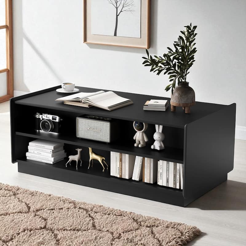 47.2" Modern Rectangular Coffee Table with 4 Storage Drawers, 2 Display Shelves and Tempered Glass Fronts
