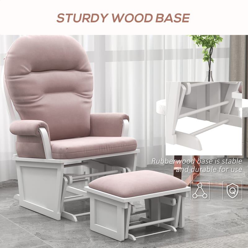 Nursery Glider Rocking Chair with Ottoman, Thick Padded Cushion Seating and Wood Base - Pink