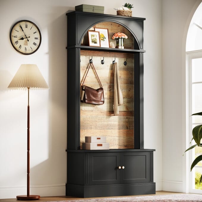 Hall Tree With Bench, 4-In-1 Entryway Bench With Coat Rack - Black
