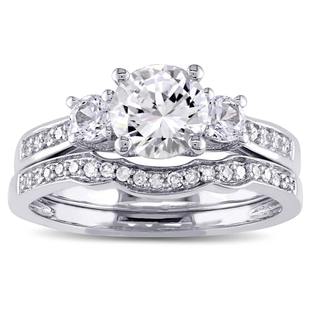 Miadora 10k White Gold Created White Sapphire and 1/6ct TDW Diamond 3-stone Bridal Ring Set (G-H, I2