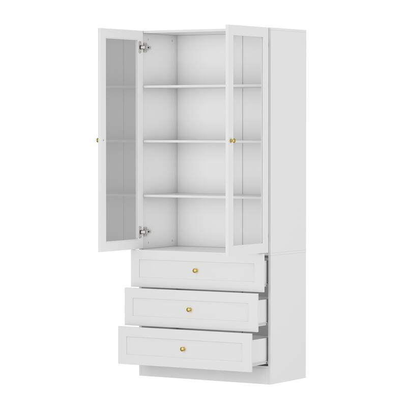 Bookcase Display Cupboard Curio Cabinet 2 Glass Door White Lacquer - 70.9"Hx31.5"W