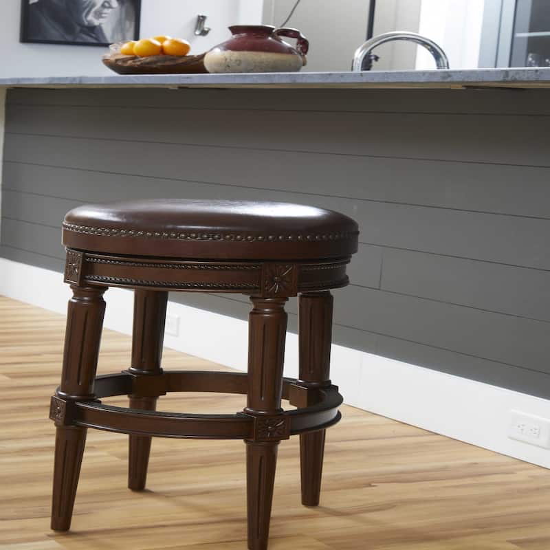 Brown Wood Frame Swivel Counter Bar Chair with Faux Leather Round Seat