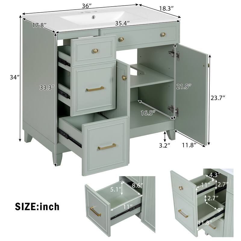 36" Bathroom Vanity with Ceramic Sink, Standard and Double-Layer Drawers, Soft Close Doors, Adjustable Shelves, Storage Cabinet