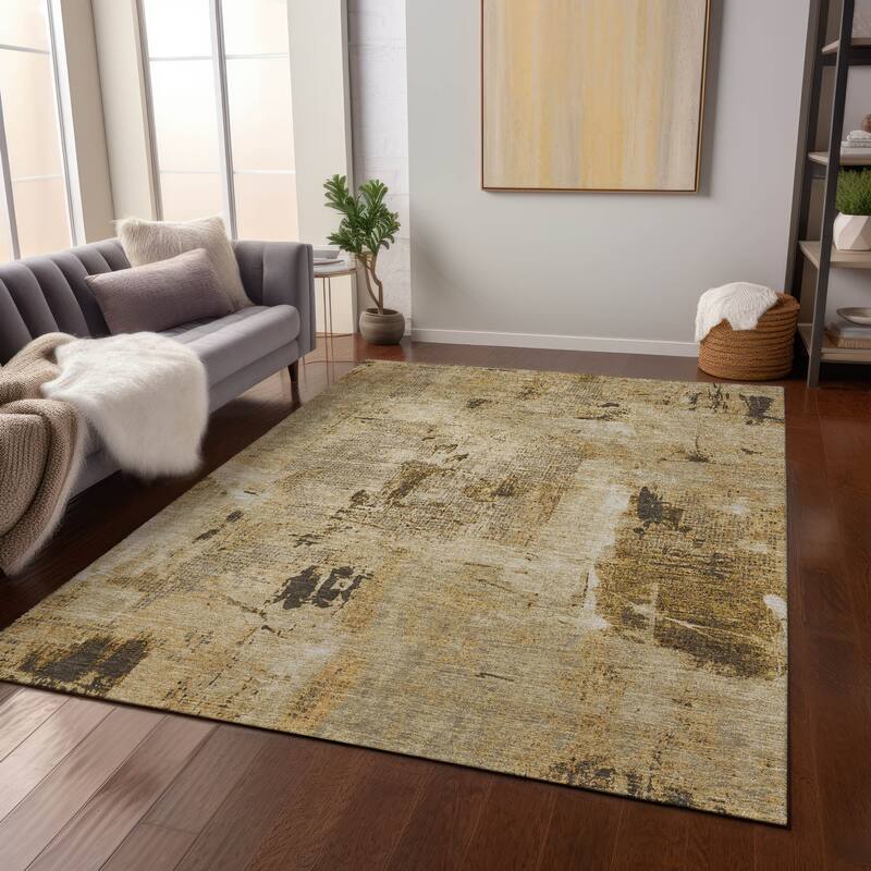 Machine Washable Indoor/ Outdoor Abstract Imprints Chantille Rug - Beige - 3' x 5'
