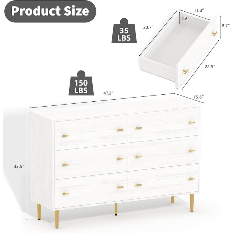 Farmhouse 6 Drawer Dresser, 47.2" Wide Rustic Wood Chest with Bar Handles, Vintage Storage Organizer for Bedroom