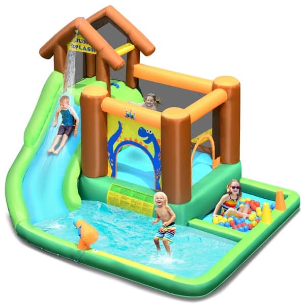 slide 2 of 20, Inflatable Waterslide Bounce House Climbing Wall without Blower - Green, Yellow and Blue - 145" x 120"x 91" (L×W×H) Kids