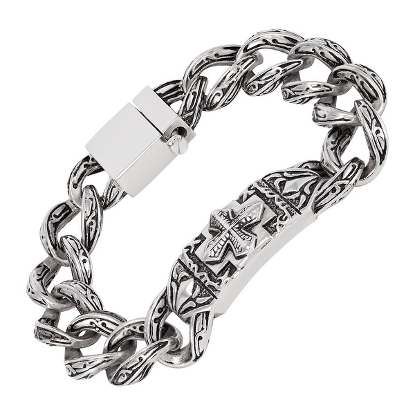 Men's Stainless Steel Cross Curved Plate Link Bracelet, 8.5 Inches. Opens flyout.