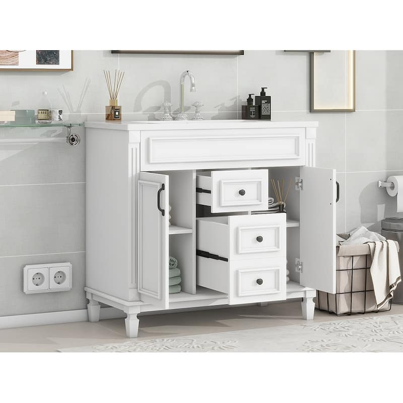 Bathroom Vanity with Top Sink, Bathroom Storage Cabinet with 2 Soft Closing Doors, Wood Bathroom Vanity with 2 Drawers