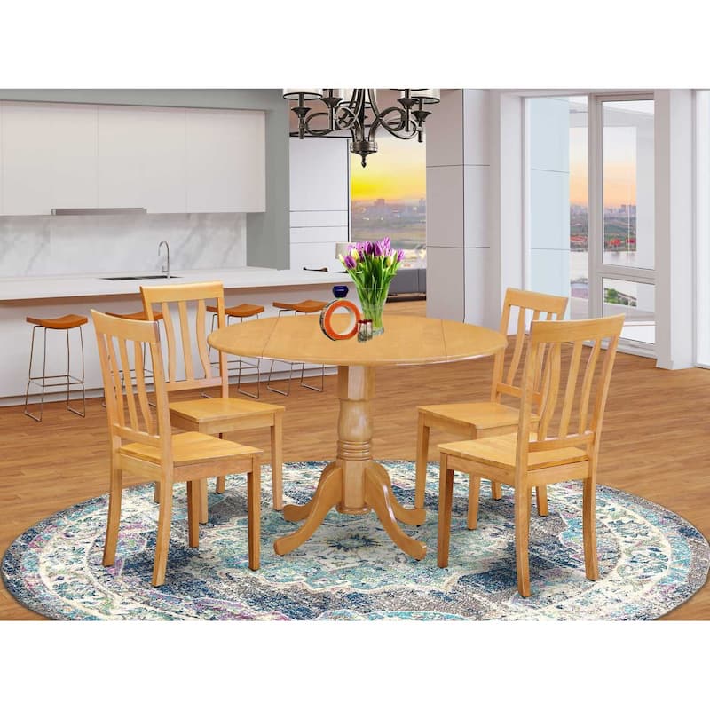 HomeStock 5-Piece Round Natural Oak Finish Solid Wood Top Dining table with 4 Chairs with Lattice Back