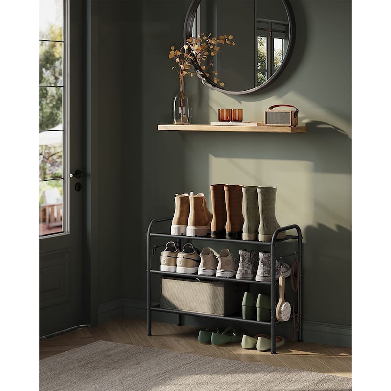 Moder Metal Shoe Rack Organizer with Shelf Storage with Side Hooks for Multiples Shoes Pairs